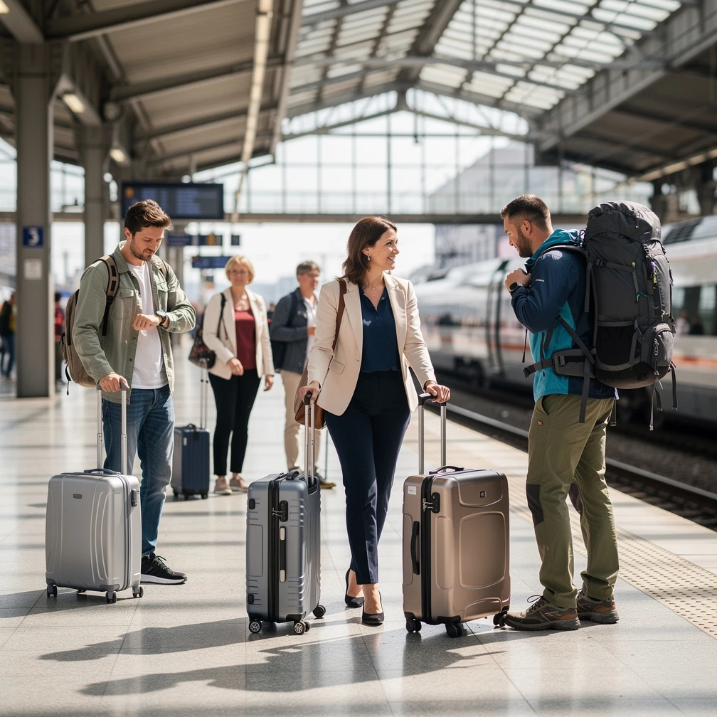Bereit zum Boarding: Robuste Koffer und leichtgängige Rollen zahlen sich besonders unterwegs am Bahnhof aus. (KI-generiert)