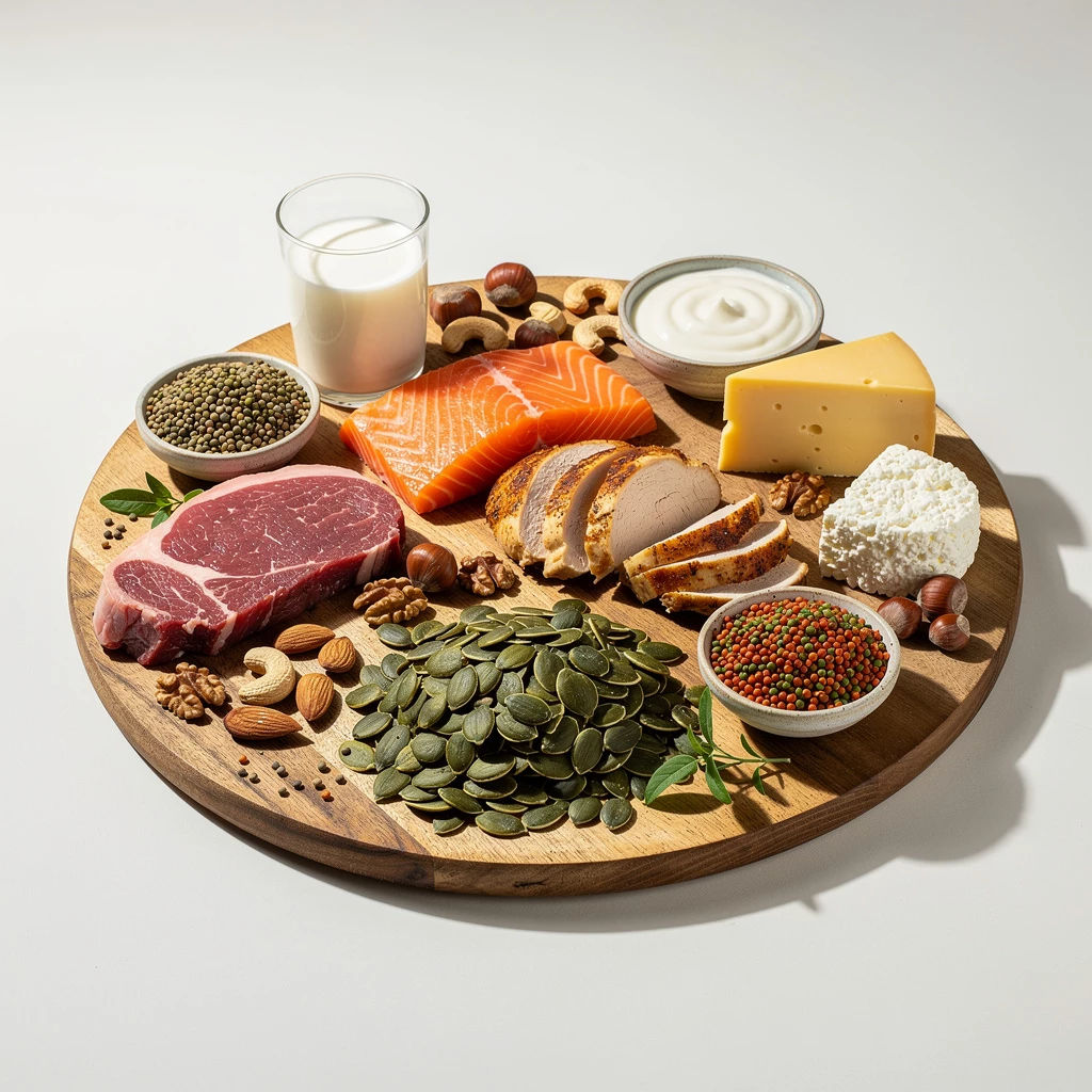 Zinkreiche Lebensmittel im Überblick: Fisch, Fleisch, Nüsse, Hülsenfrüchte und Milchprodukte liefern wichtige Bausteine für Immunsystem, Haut und Energie.