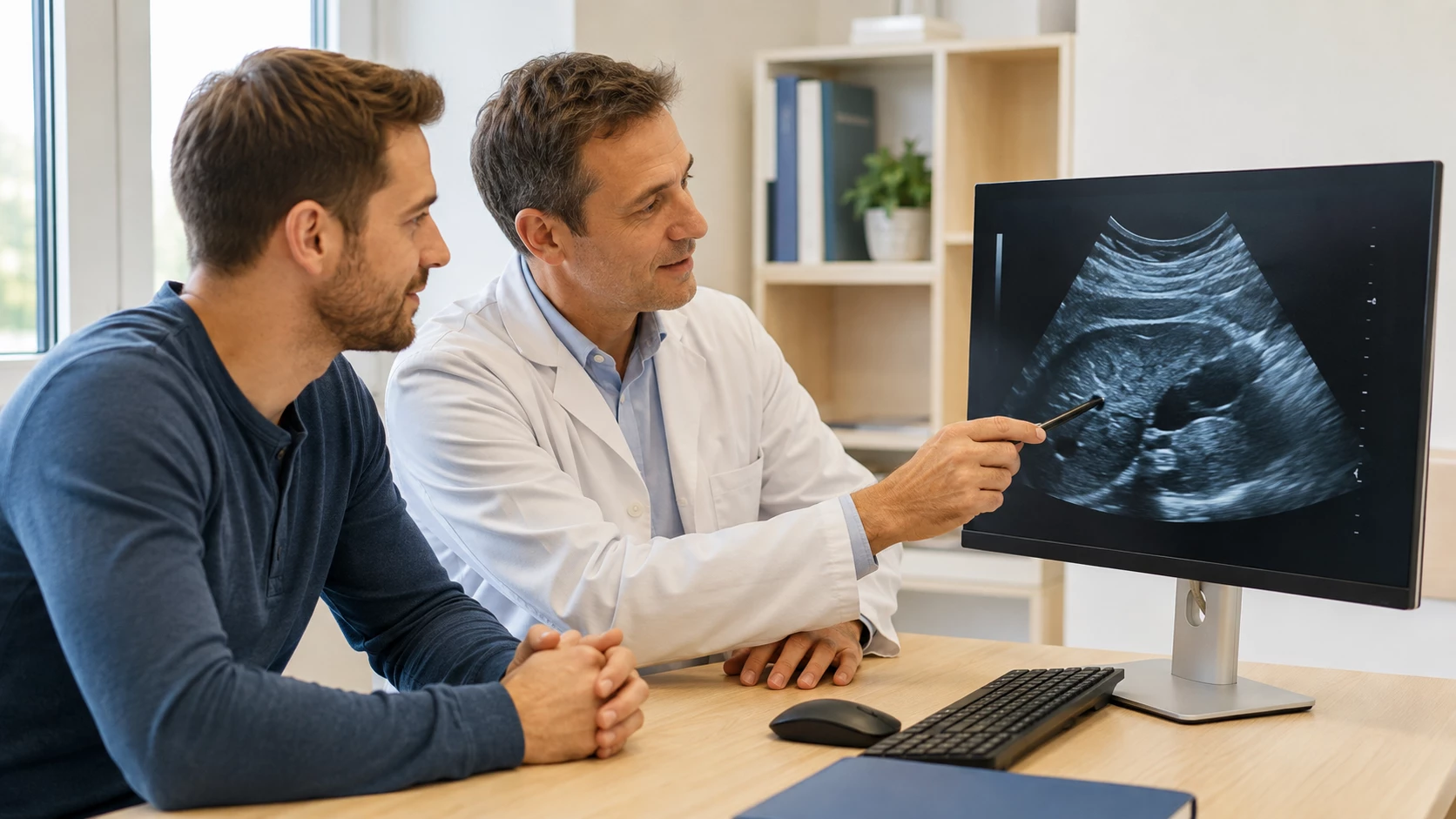 Vorsorgegespräch am Ultraschallmonitor.webp