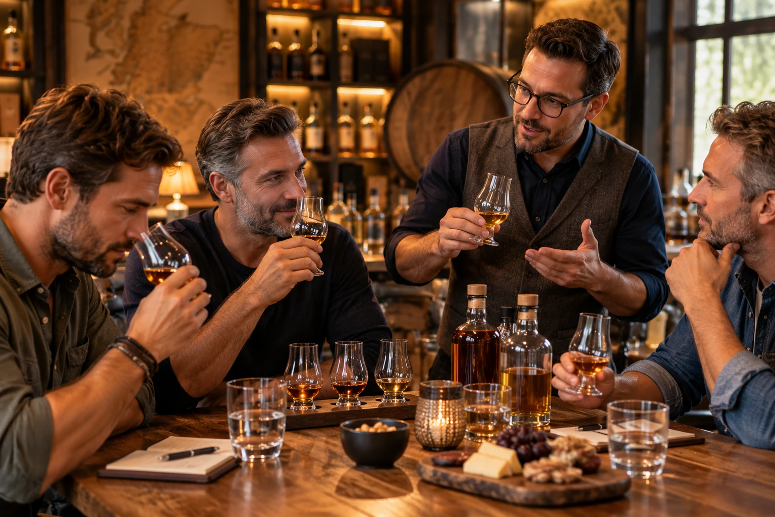 Whisky-Tasting in gemütlicher Runde (Bild KI generiert).webp