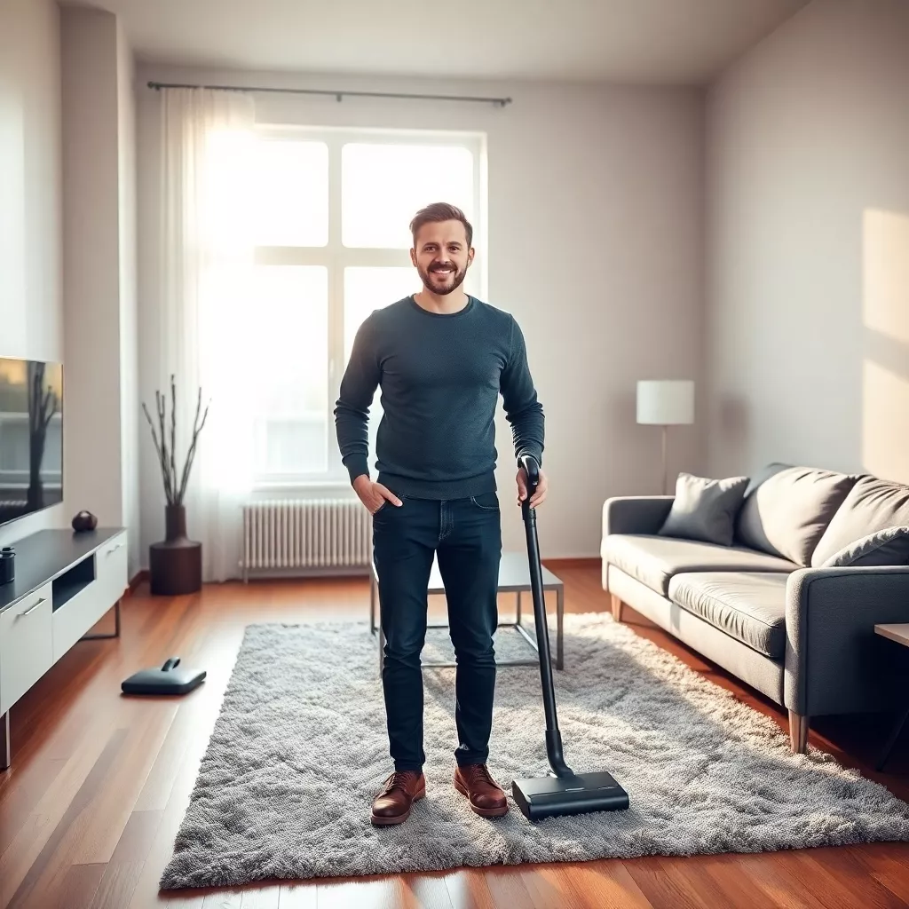 zeige einen zufriedenen, modernen Mann nach dem Putzen, der im
