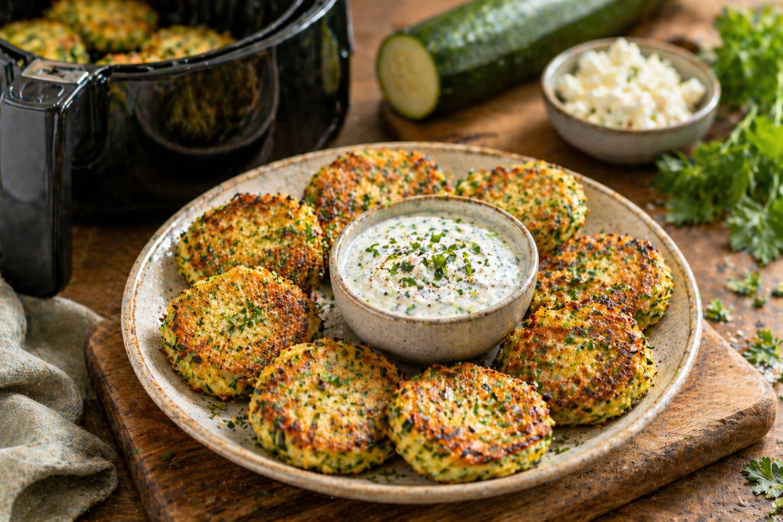 Zucchini-Feta-Puffer mit Joghurt-Dip Air Fryer.webp