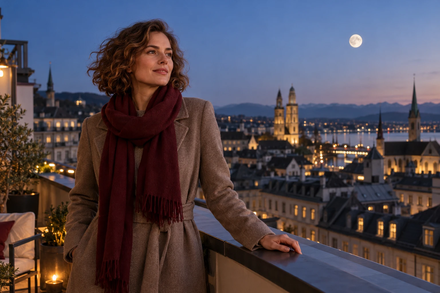 Ein Blick über die Dächer, ein Moment nur für dich: Der Vollmond eröffnet eine Horoskopwoche, in der die eigenen Wünsche mehr Aufmerksamkeit bekommen dürfen. (KI-generiert)