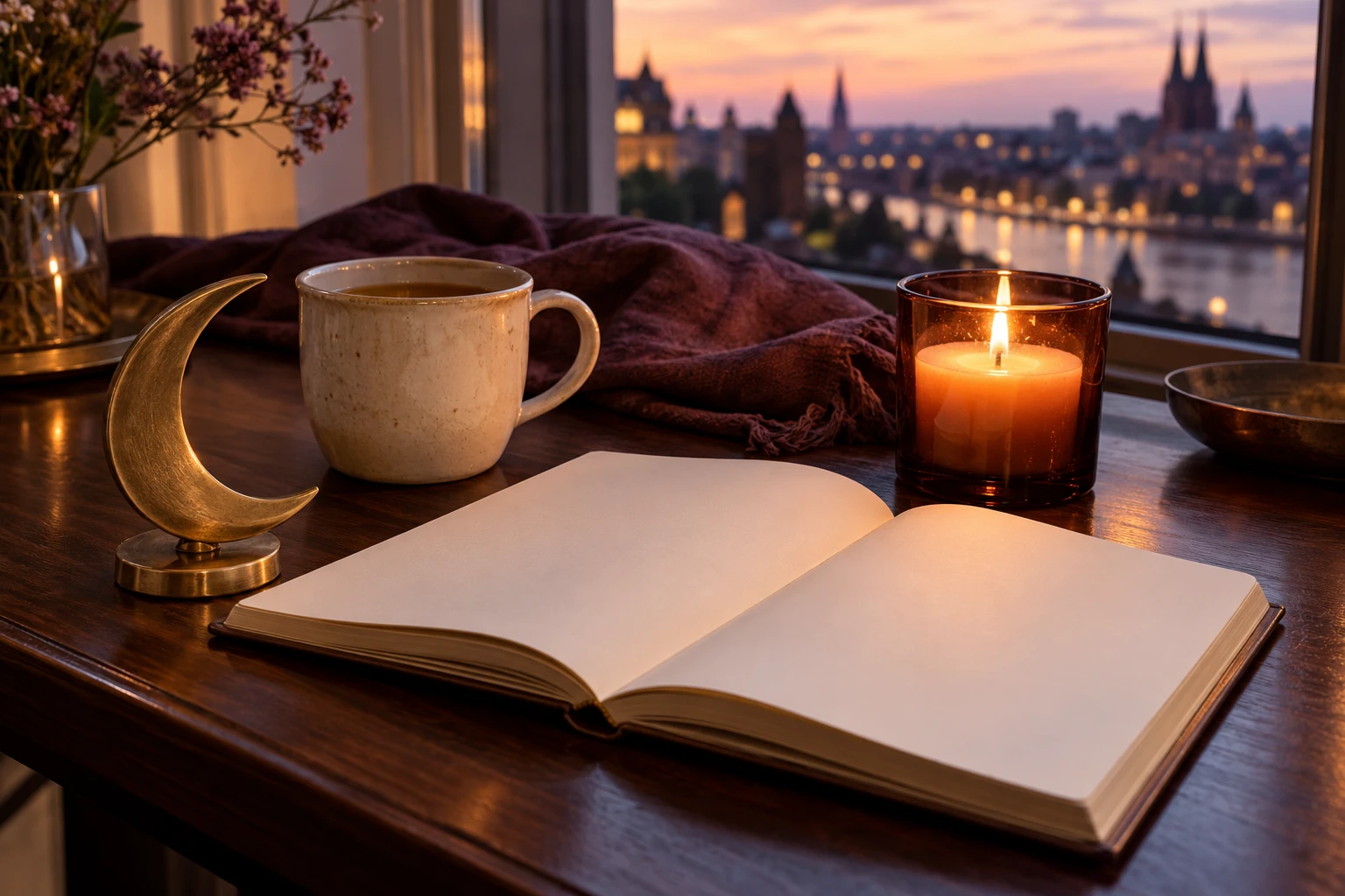 Was möchtest du in die neue Woche mitnehmen? Ein ruhiger Abend bietet Gelegenheit, Gedanken zu sortieren und eigene Wünsche aufzuschreiben. (KI-generiert)