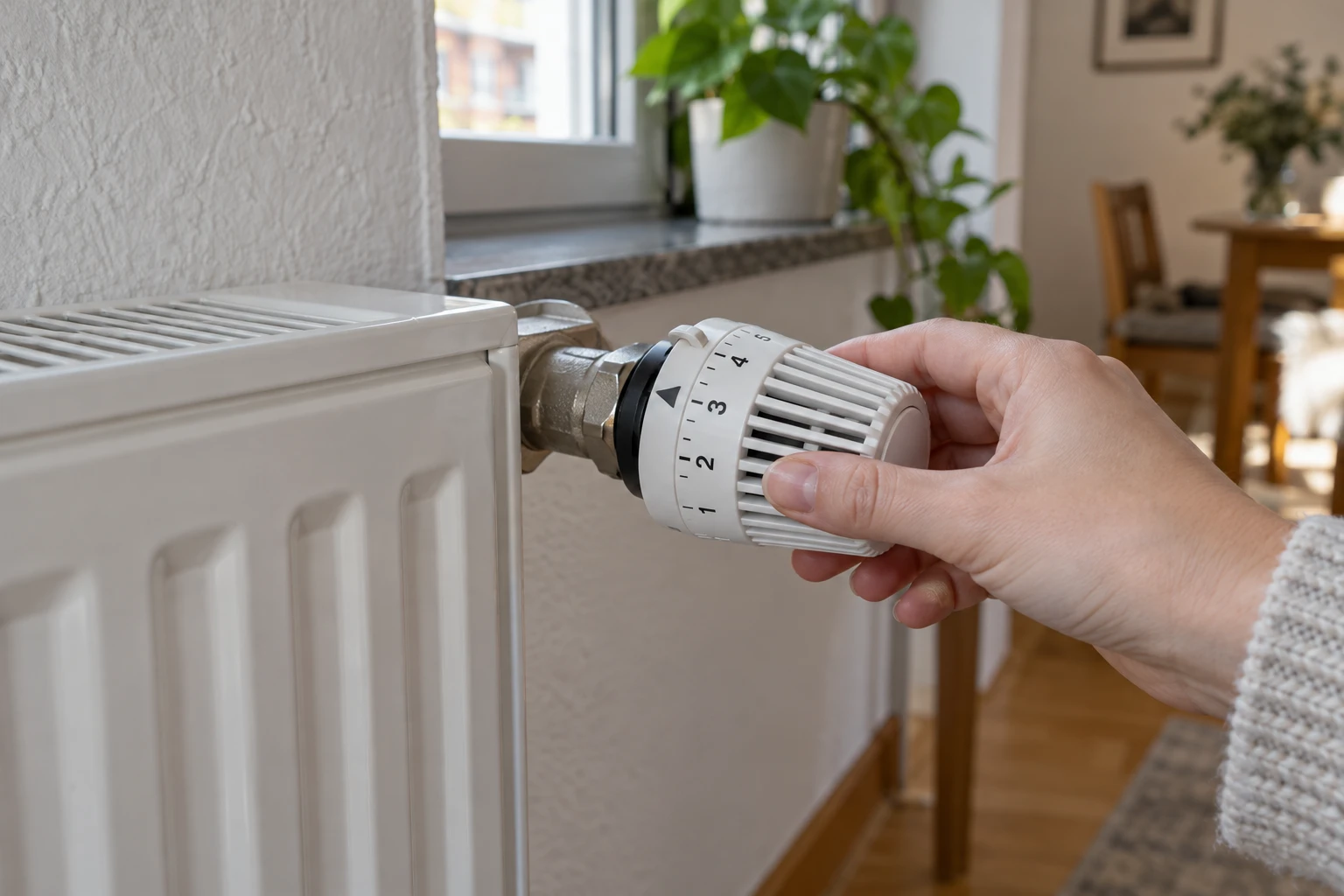 Die Zahlen am Thermostat stehen für die gewünschte Raumtemperatur. Stufe 5 sorgt nicht automatisch dafür, dass es schneller warm wird. (KI-generiert)