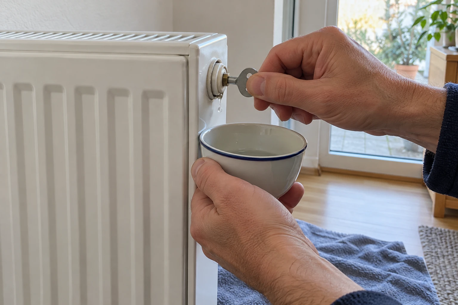 Gluckert die Heizung und wird ungleichmäßig warm, kann Entlüften helfen. Ein passender Schlüssel und ein Auffanggefäß gehören dazu. (KI-generiert)
