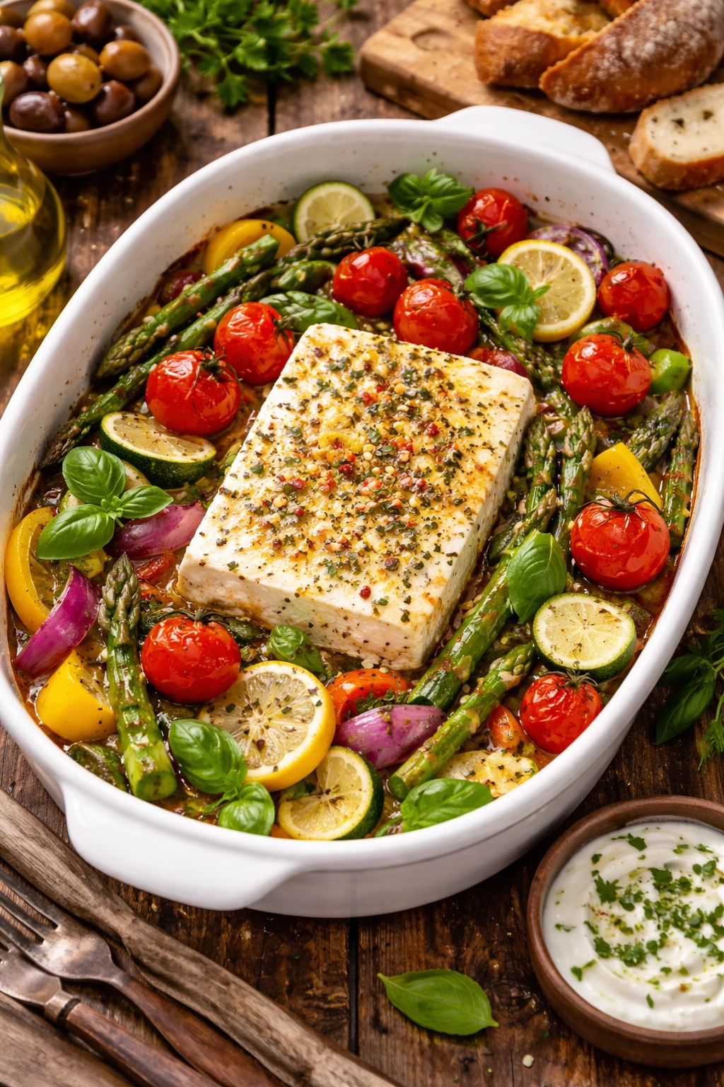 Cremiger Ofen-Feta trifft auf buntes Frühlingsgemüse – unkompliziert, aromatisch und perfekt für ein entspanntes Osteressen. (KI-generiert)