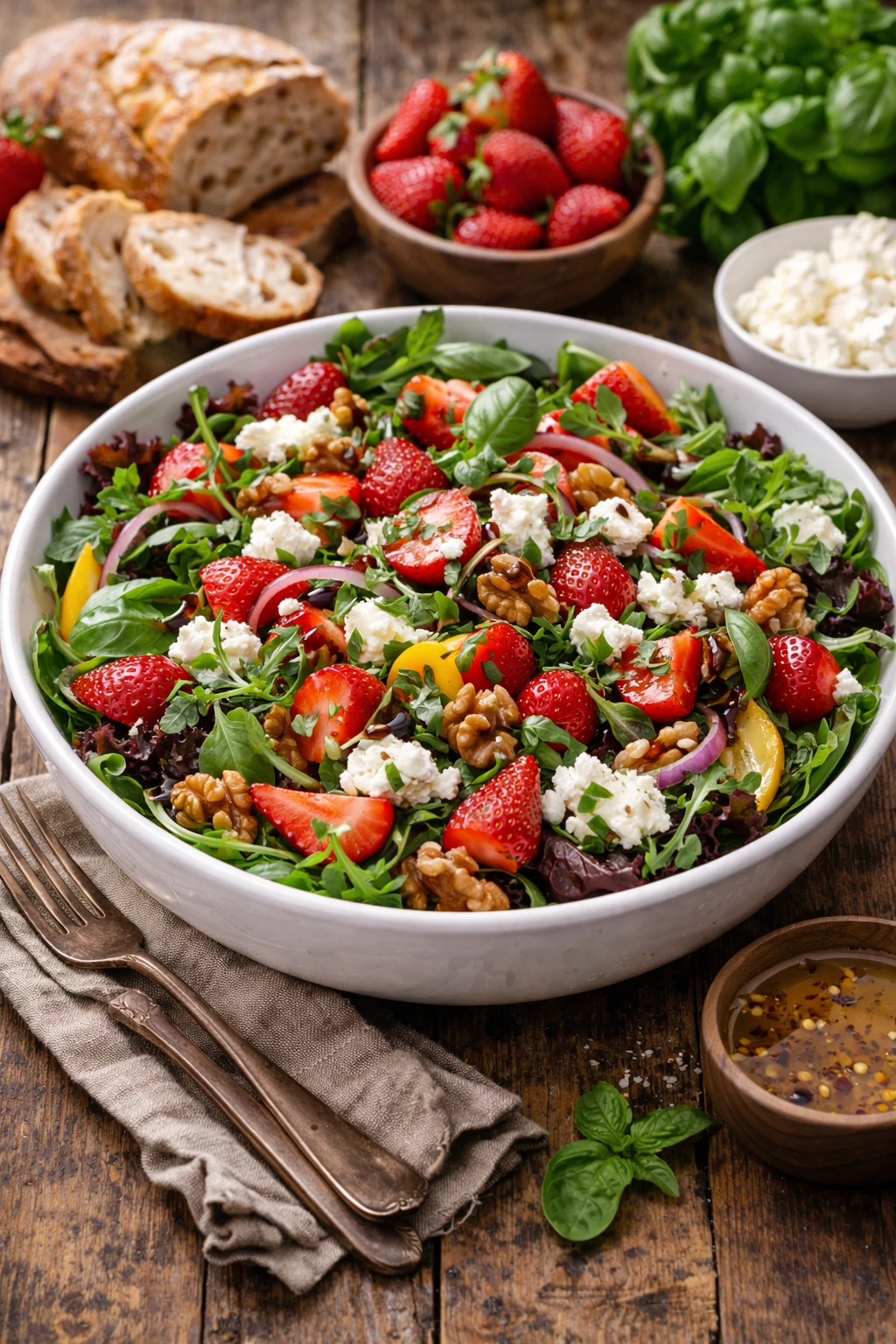 Frisch, leicht und überraschend raffiniert: Dieser Salat bringt Erdbeeren und Ziegenkäse perfekt zusammen. (KI-generiert)