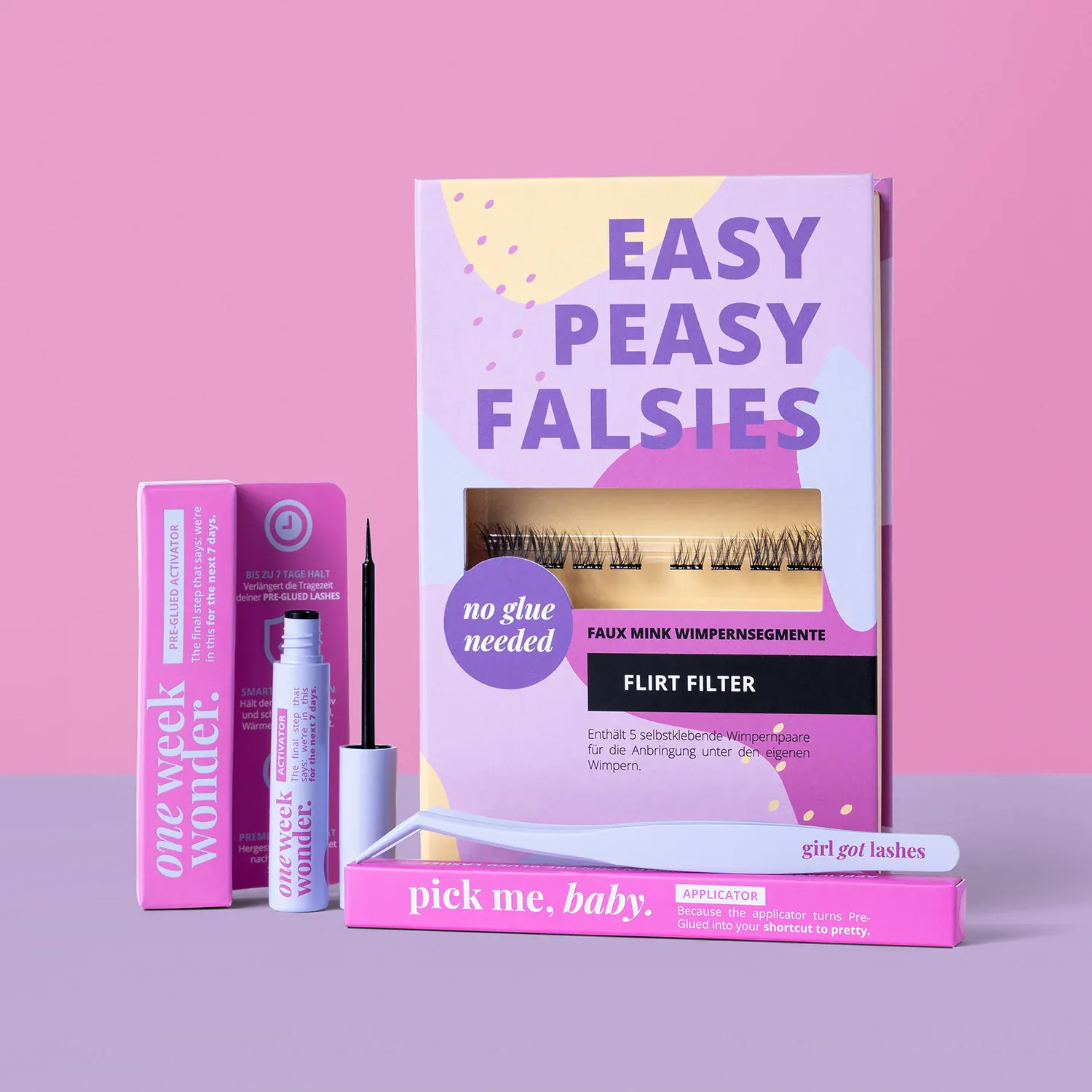 Das Pre-Glued-2.0-Starter-Set von GirlGotLashes enthält selbstklebende Wimpernsegmente, Activator und Applikator. (Foto: GirlGotLashes)