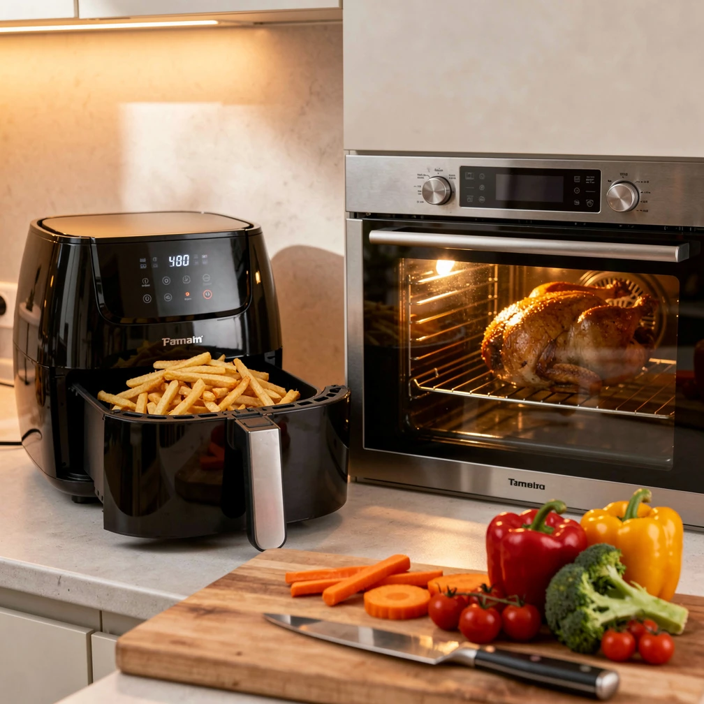 Knusprige Ergebnisse gelingen mit beiden Geräten – der Airfryer profitiert bei kleinen Mengen von seinem kompakten Garraum und der intensiven Luftzirkulation. (KI-generiert)