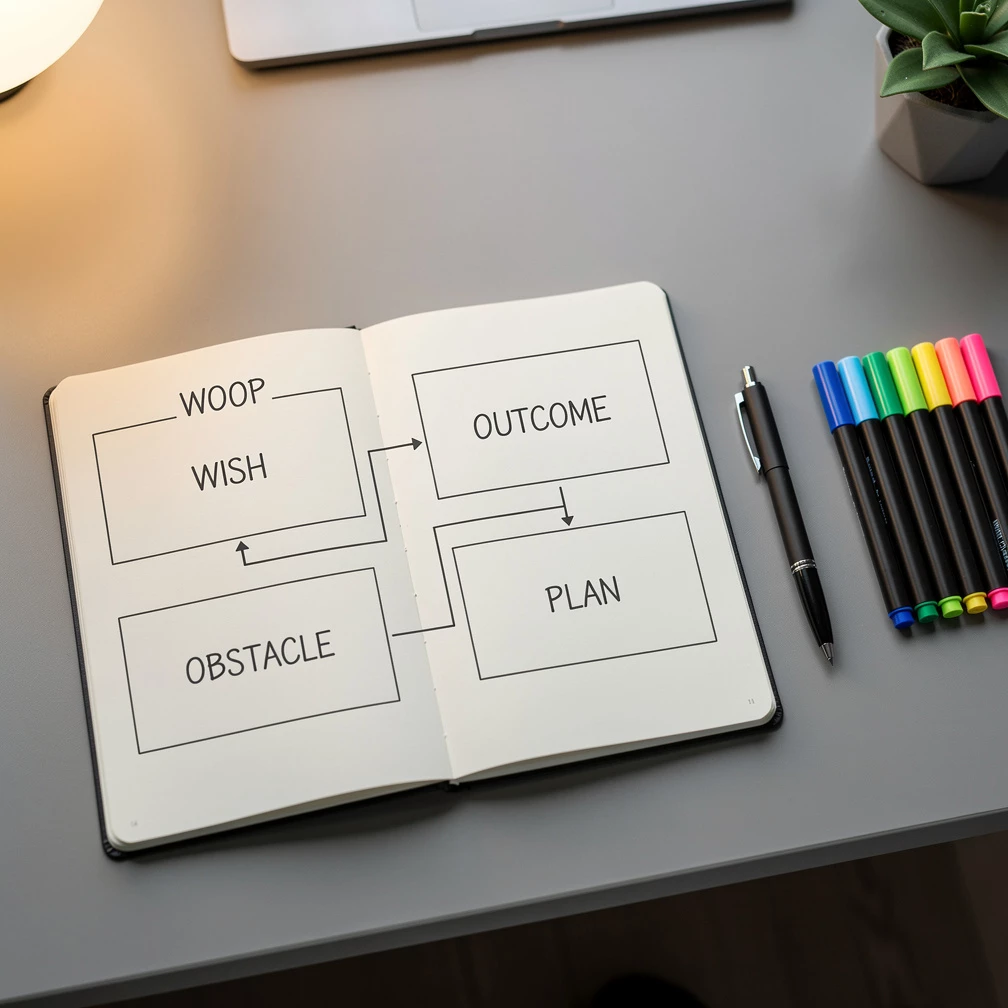 Wish, Outcome, Obstacle und Plan: Die WOOP-Methode verbindet Motivation mit realistischer Planung und hilft dabei, Ziele konsequenter zu verfolgen. (KI-generiert)