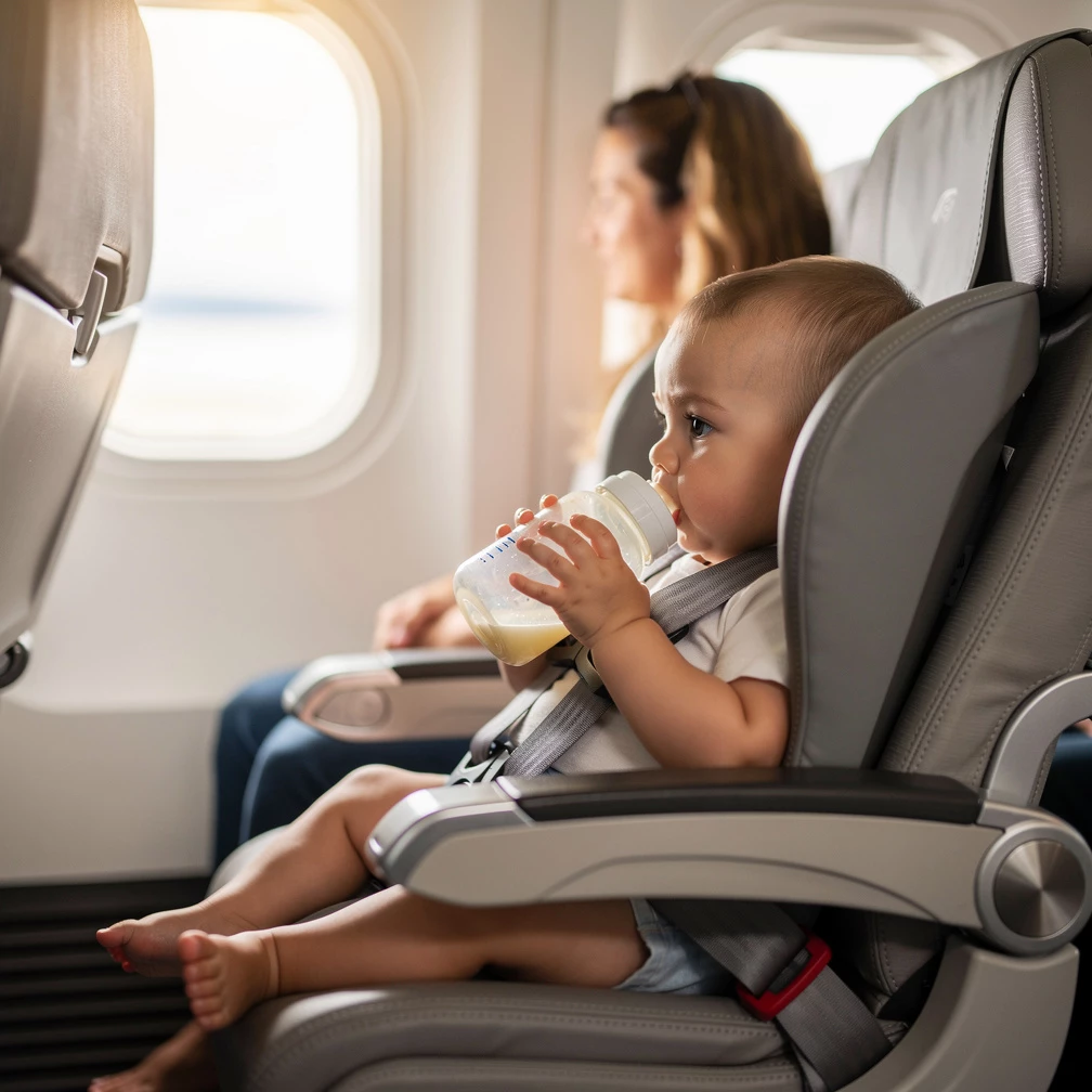 Trinken oder Stillen während Start und Landung kann den Druckausgleich unterstützen und das Fliegen für Babys angenehmer machen. (KI-generiert)