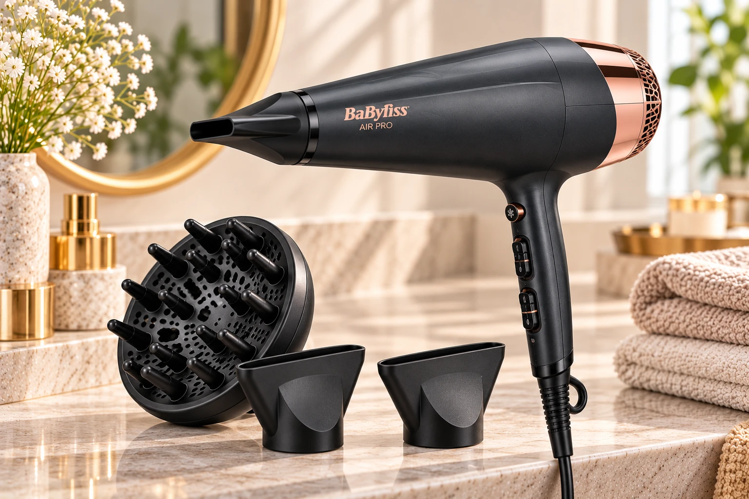 Der BaByliss Air Pro 6719DE ist auf einen kräftigen Luftstrom und klassisches Styling mit Föhndüse ausgelegt. (KI-generierte Produktillustration)