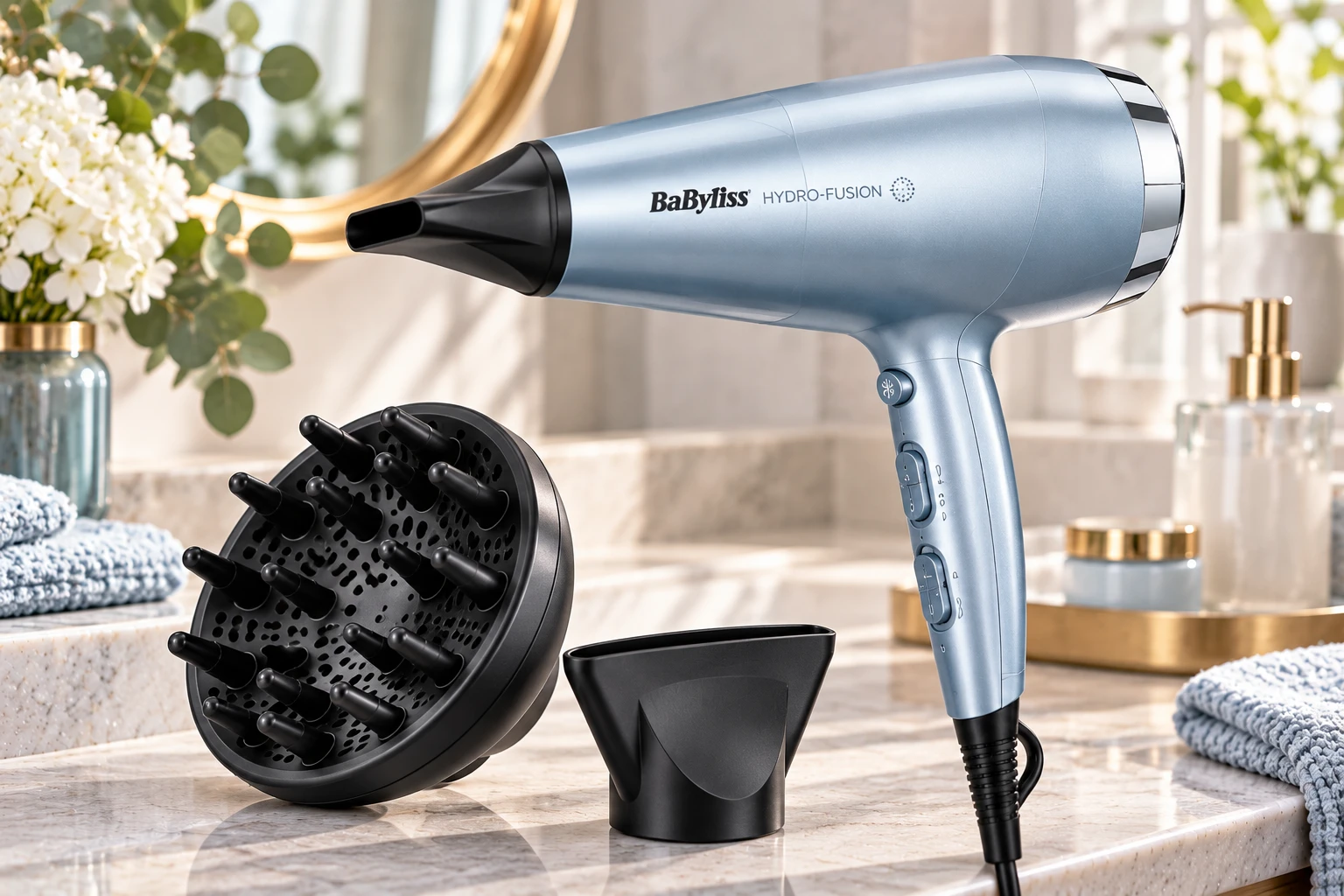 Der BaByliss Hydro-Fusion D773DE nutzt Ionen-Technologie, die statisch aufgeladenen und fliegenden Haaren entgegenwirken soll. (KI-generierte Produktillustration)