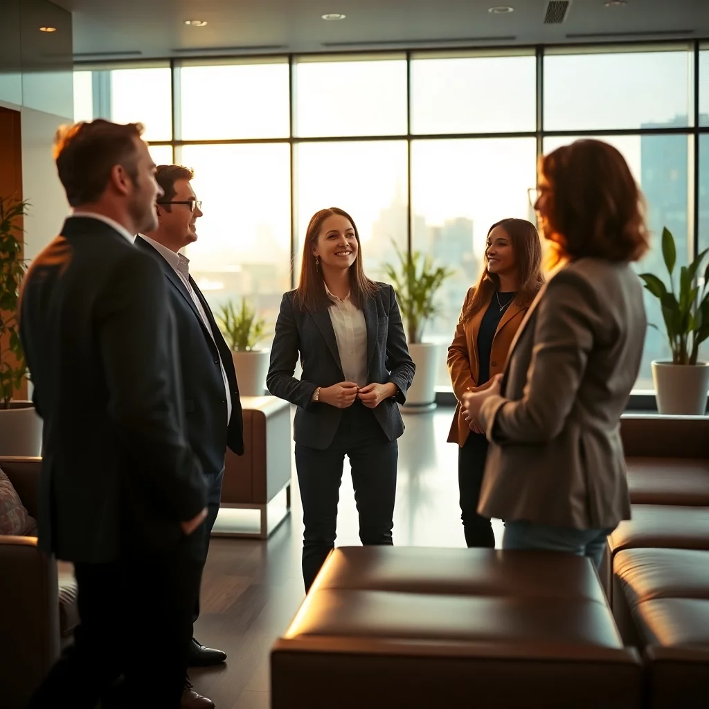 Souverän im Büroalltag: Mit einem offenen Lächeln und smarten Gesprächseinstiegen lässt sich jeder Momente in wertvolle Mini-Networking-Chancen verwandeln.