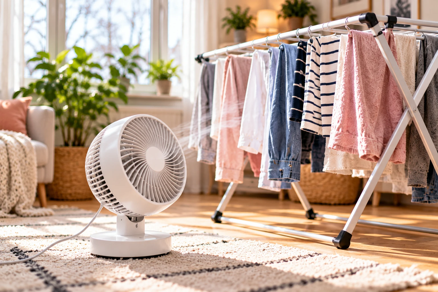 Frischer Wind für feuchte Wäsche: Schon ein kleiner Ventilator kann die Luftzirkulation verbessern und das Trocknen beschleunigen.