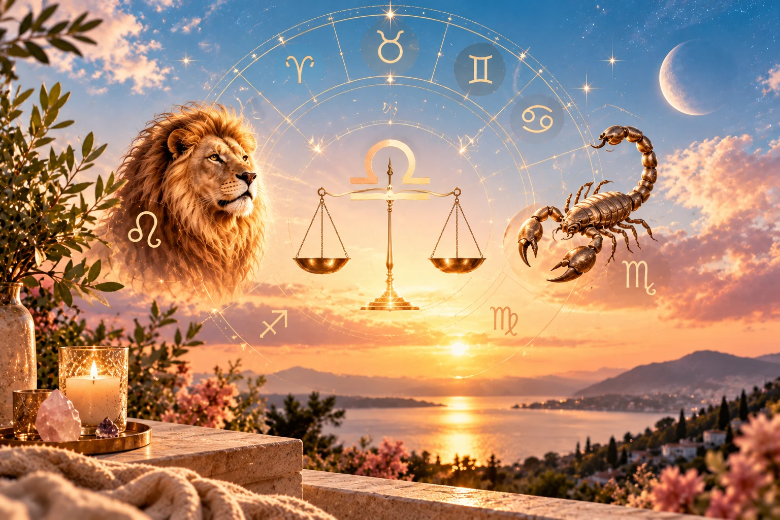 Zwischen Balance, neuem Tatendrang und intensiven Gefühlen: Waage-, Löwe- und Skorpion-Energien prägen die astrologische Stimmung der Woche. (KI-generiert)