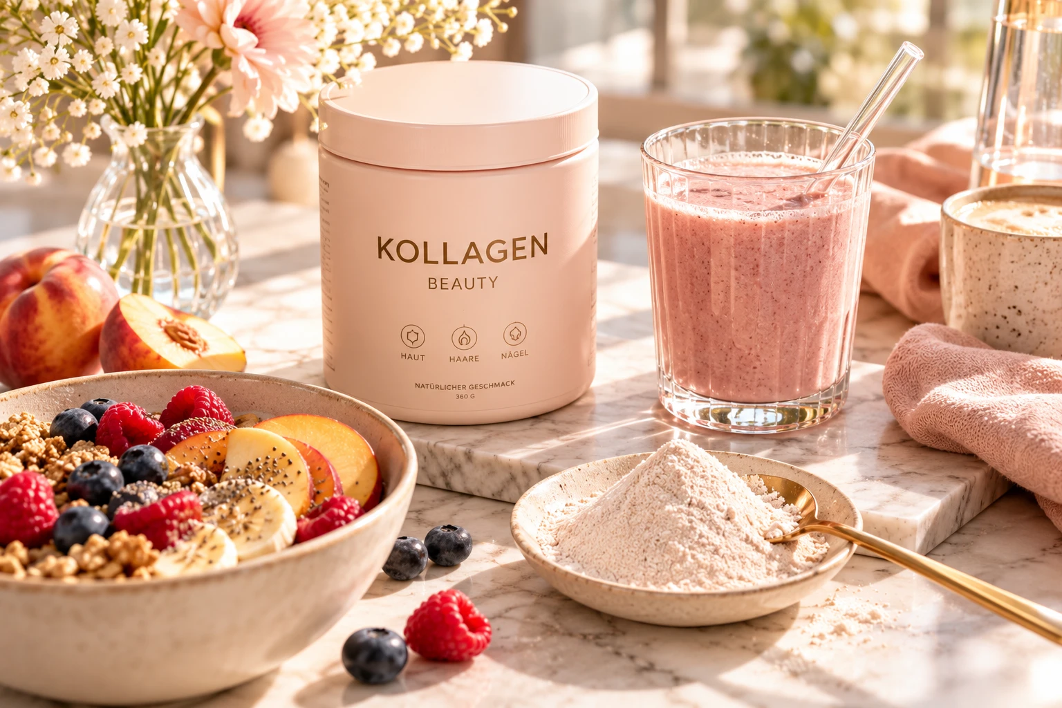 Kollagen zum Trinken liegt im Trend. Studien liefern interessante Ergebnisse, doch neuere Analysen mahnen zu realistischen Erwartungen. (KI-generiert)