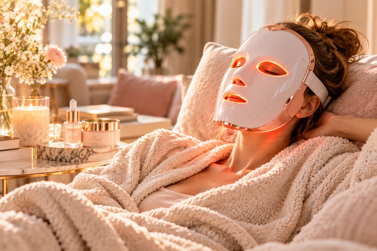 LED- und Rotlichtmasken bringen Hightech ins Badezimmer. Ob sie überzeugen, hängt unter anderem von Wellenlänge, Leistung und regelmäßiger Anwendung ab. (KI-generiert)