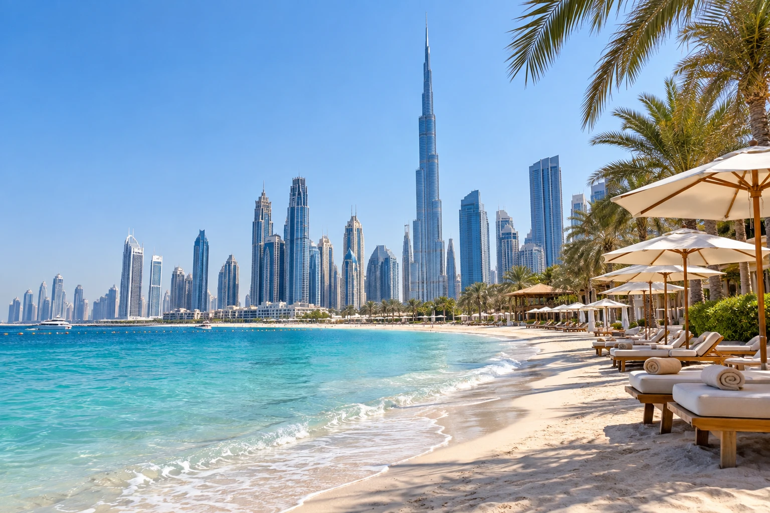 Strandurlaub und spektakuläre Skyline lassen sich in Dubai besonders gut miteinander verbinden. (KI-generiert)