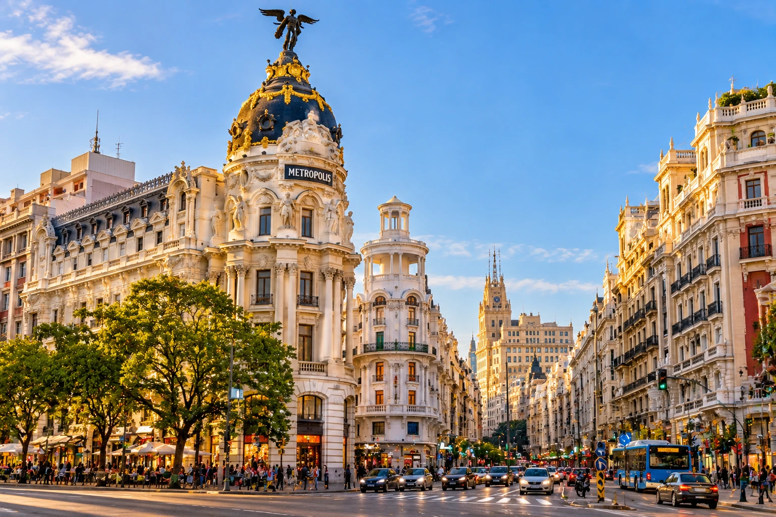 Prachtvolle Architektur und quirliges Großstadtleben prägen das Zentrum von Madrid rund um die berühmte Gran Vía. (KI-generiert)