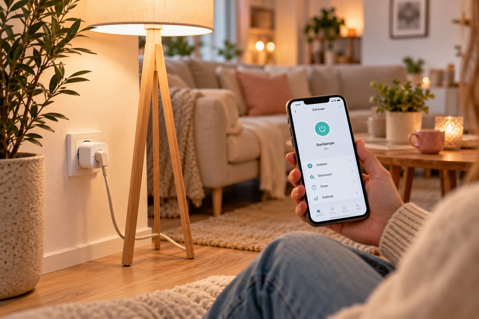 Ein Smart Plug macht selbst eine klassische Stehlampe smart â inklusive App-Steuerung, ZeitplĂ€nen und Automationen. (KI-generiert)