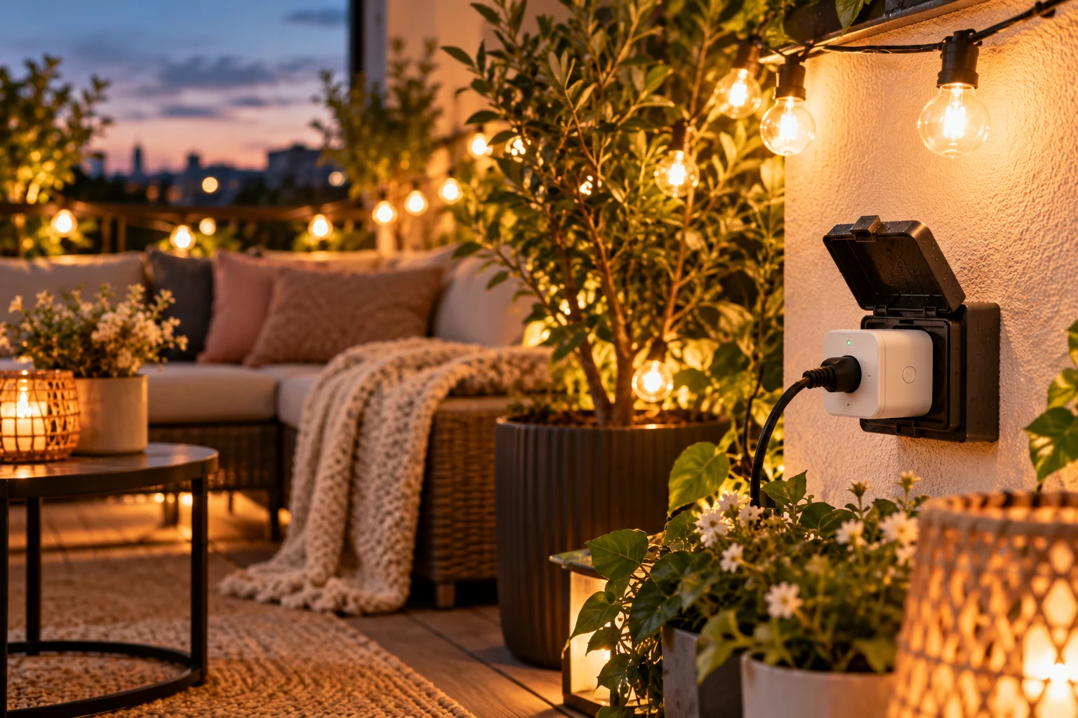 Auch Balkon und Terrasse lassen sich smarter machen: FĂŒr drauĂen sollten ausschlieĂlich dafĂŒr geeignete, wettergeschĂŒtzte Steckdosen verwendet werden. (KI-generiert)