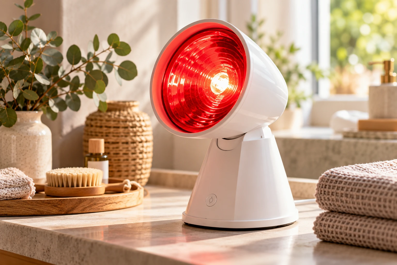 Für kleinere Körperbereiche kann eine kompakte Rotlichtlampe mit 100 oder 150 Watt bereits ausreichen. (KI-generiert)