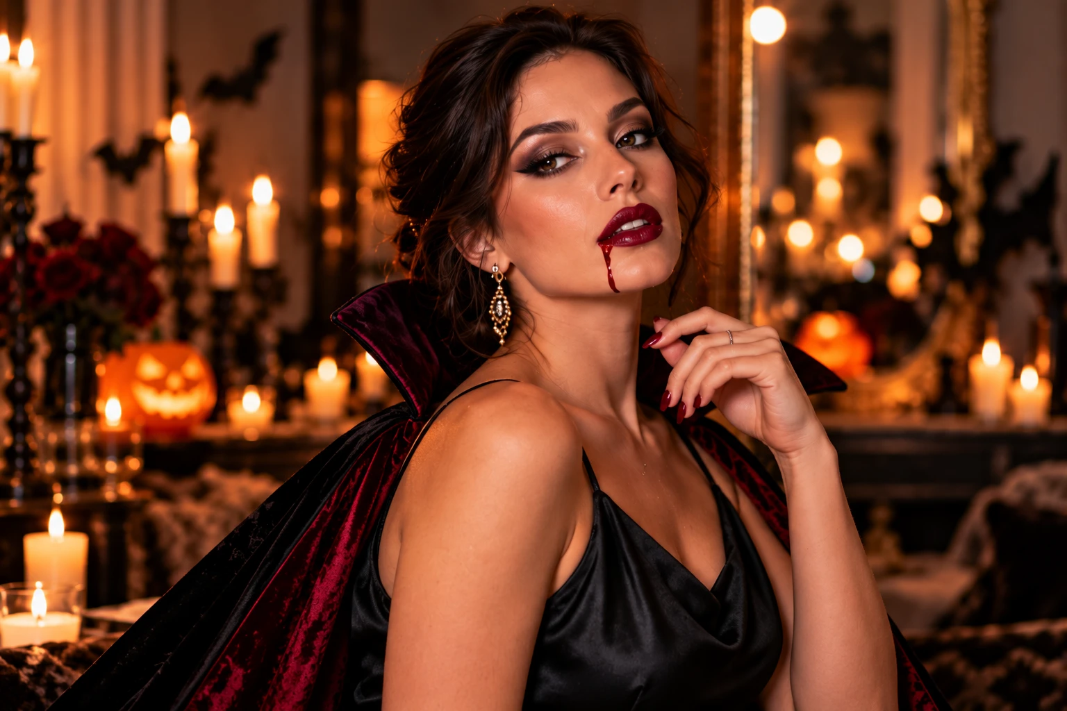 Dunkle Lippen, ein elegantes schwarzes Outfit und ein kleiner Kunstblut-Akzent: So wird aus dem Partylook im Handumdrehen eine glamouröse Vampirin. (KI-generiert)