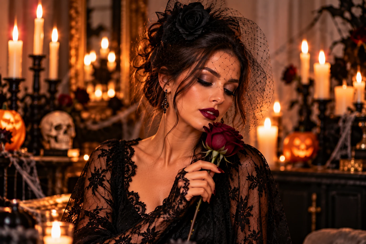 Dramatische Augen und auffällige Wimpern können bereits genügen, um einem klassischen schwarzen Outfit den passenden Halloween-Twist zu verleihen. (KI-generiert)