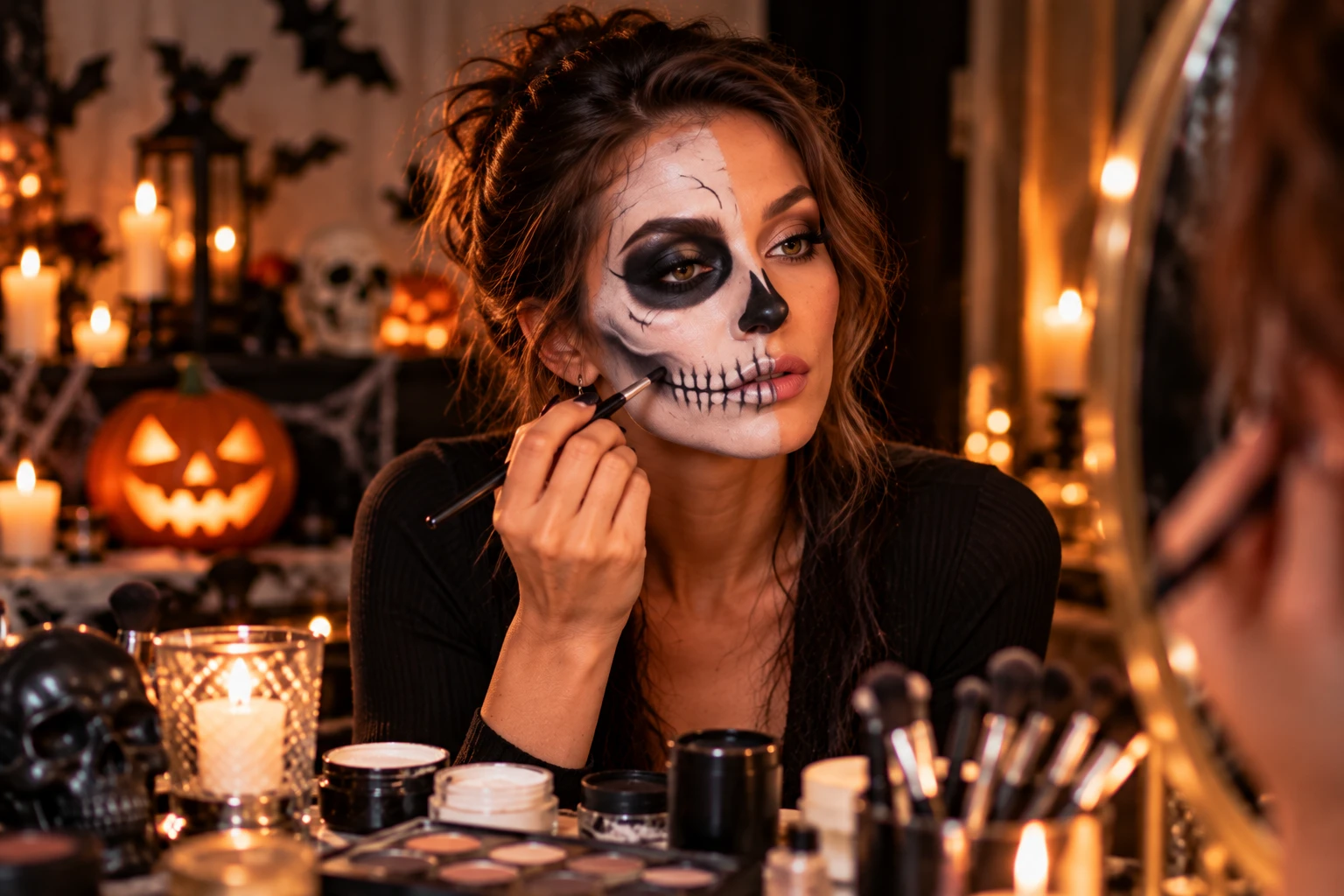 Halb Glamour, halb Skelett: Der Half-Skull-Look wirkt spektakulär, ohne dass dafür gleich das komplette Gesicht verwandelt werden muss. (KI-generiert)