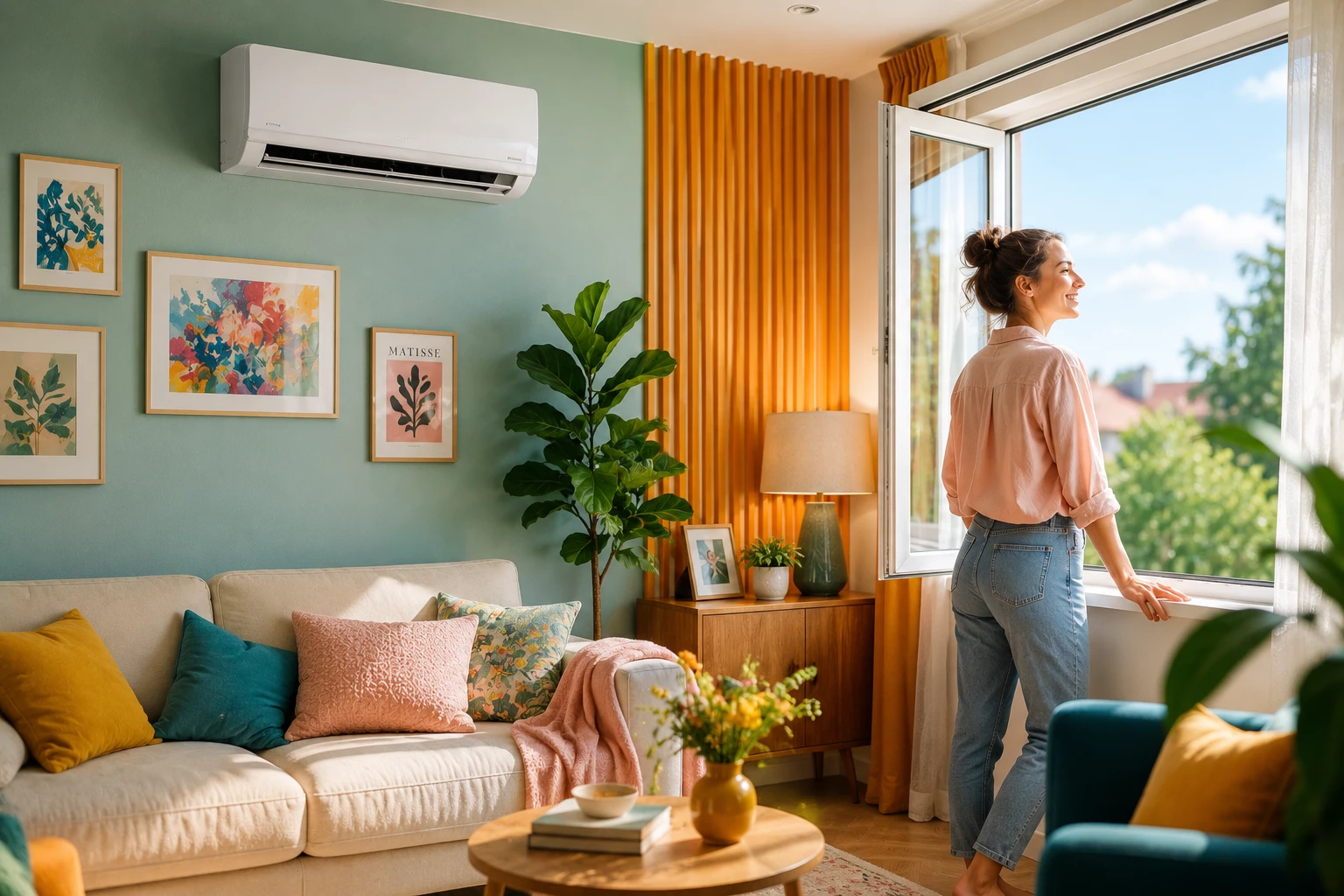 Dank einer modernen Split-Klimaanlage bleibt das Zuhause auch an heißen Sommertagen angenehm kühl. Die leise Inneneinheit sorgt für hohen Wohnkomfort, während die Frau entspannt den Blick ins Freie genießt. (KI-generiert)