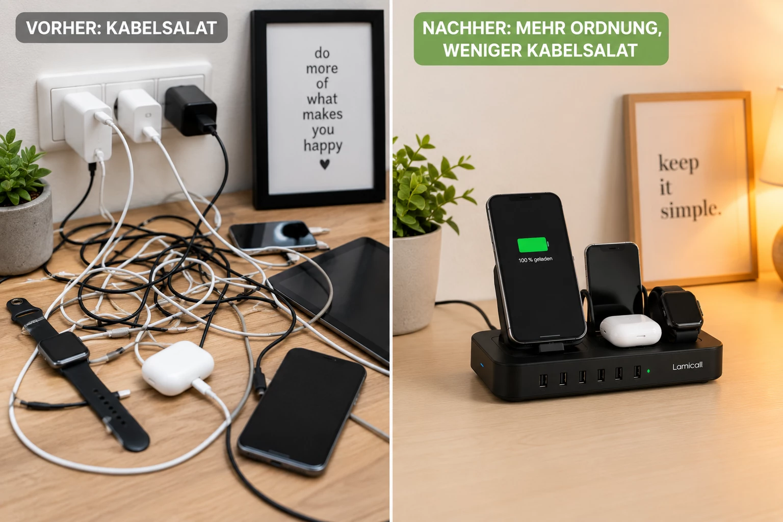 Eine zentrale Ladestation lädt mehrere Geräte gleichzeitig und hilft dabei, Schreibtisch oder Nachttisch übersichtlich zu halten. (KI-generiert)