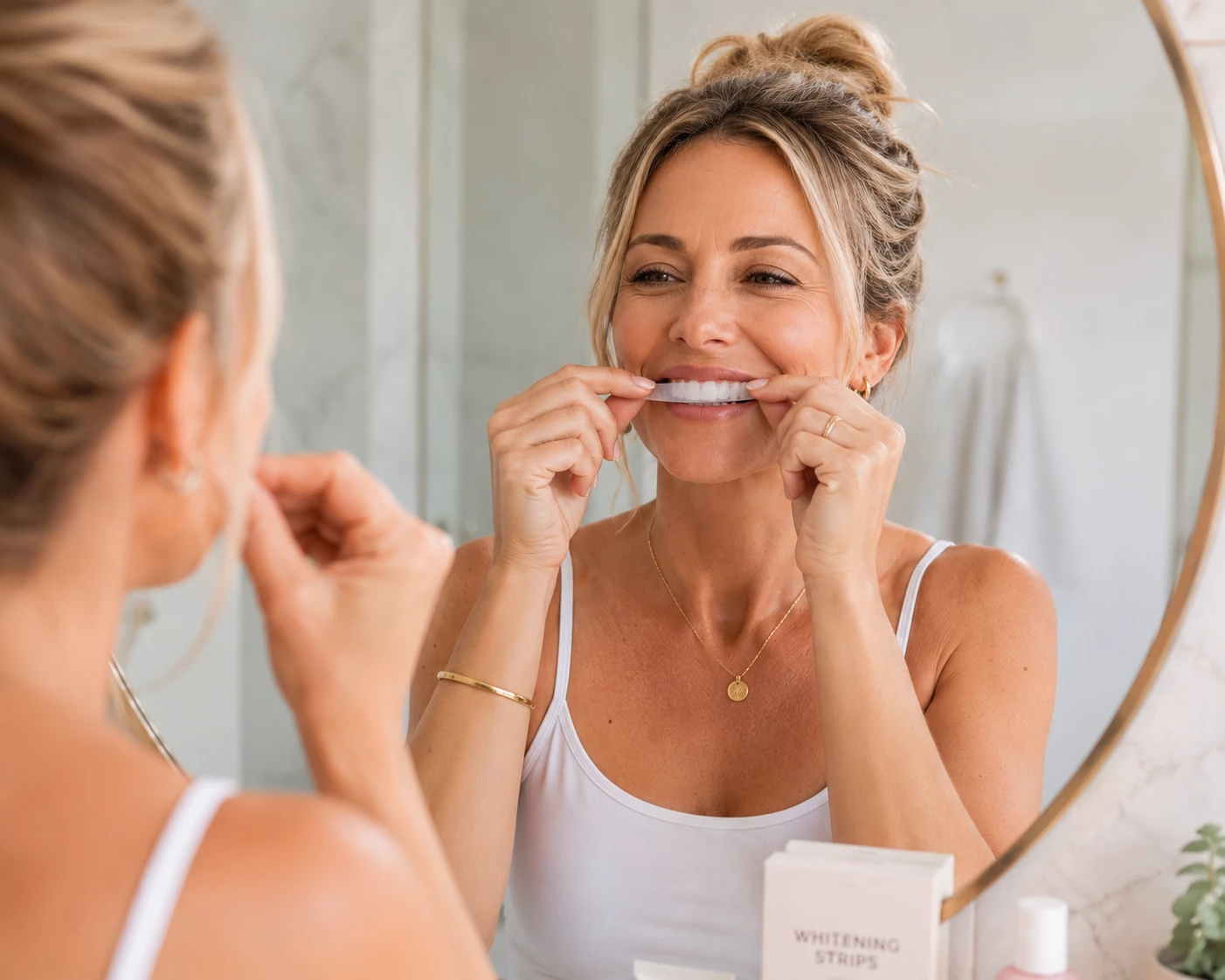 Whitening für zu Hause liegt im Trend: Besonders unkompliziert sind Whitening-Strips, die direkt auf die sichtbaren Zahnflächen gelegt werden. (KI-generiert)