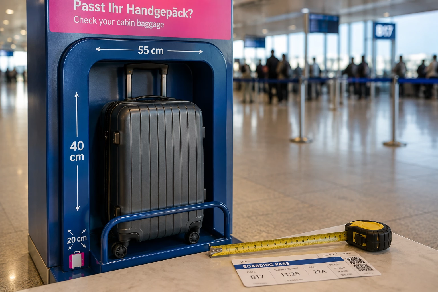 asst der Kabinentrolley wirklich? Am Gate zeigt der Gepäck-Messrahmen, ob die erlaubten Maße eingehalten werden – im Zweifel lohnt sich die Kontrolle schon vor der Reise. (KI-generiert)