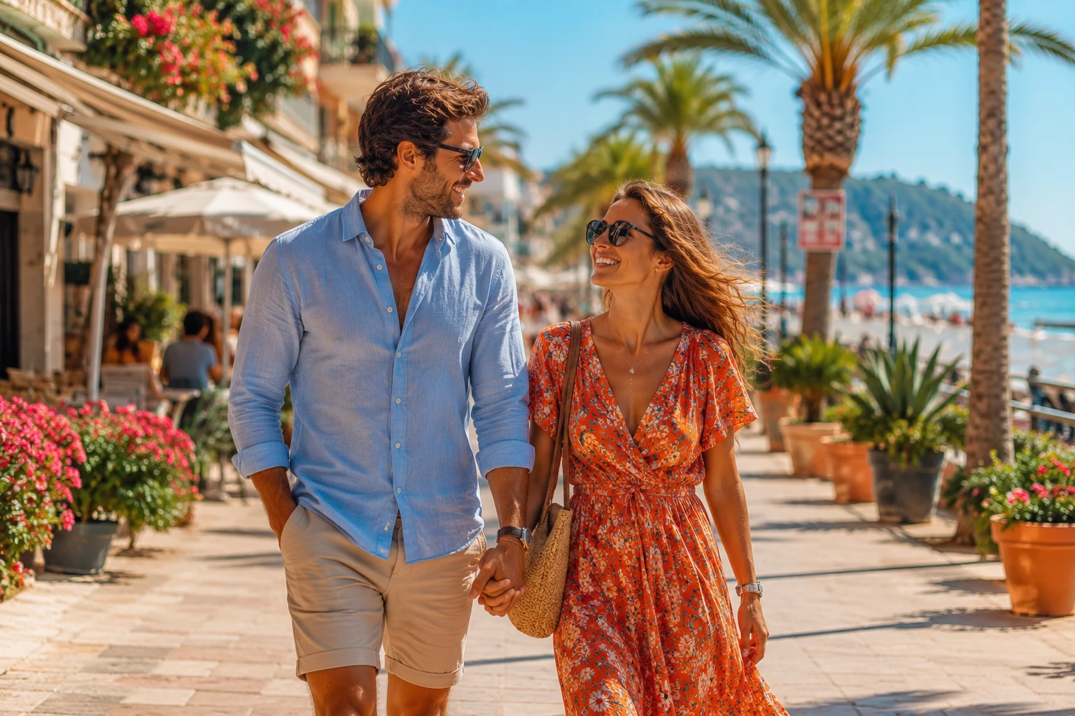 Hand in Hand an der Strandpromenade: Küstenorte sind für viele Menschen mit Heuschnupfen eine gute Wahl. (KI-generiert)