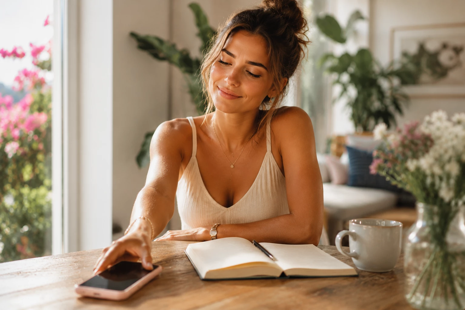 Handy bewusst weglegen: Abstand vom Smartphone hilft oft dabei, Grübeleien zu durchbrechen und den Fokus wieder auf sich selbst zu richten. (KI-generiert)