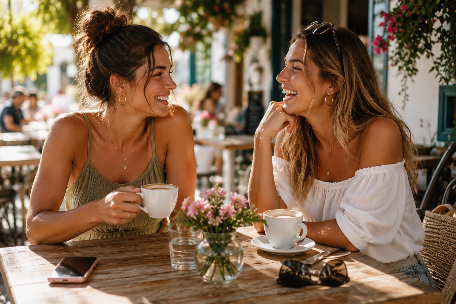 Zeit mit Freundinnen: Gemeinsame Gespräche, Lachen und schöne Momente lenken ab und stärken das eigene Wohlbefinden. (KI-generiert)