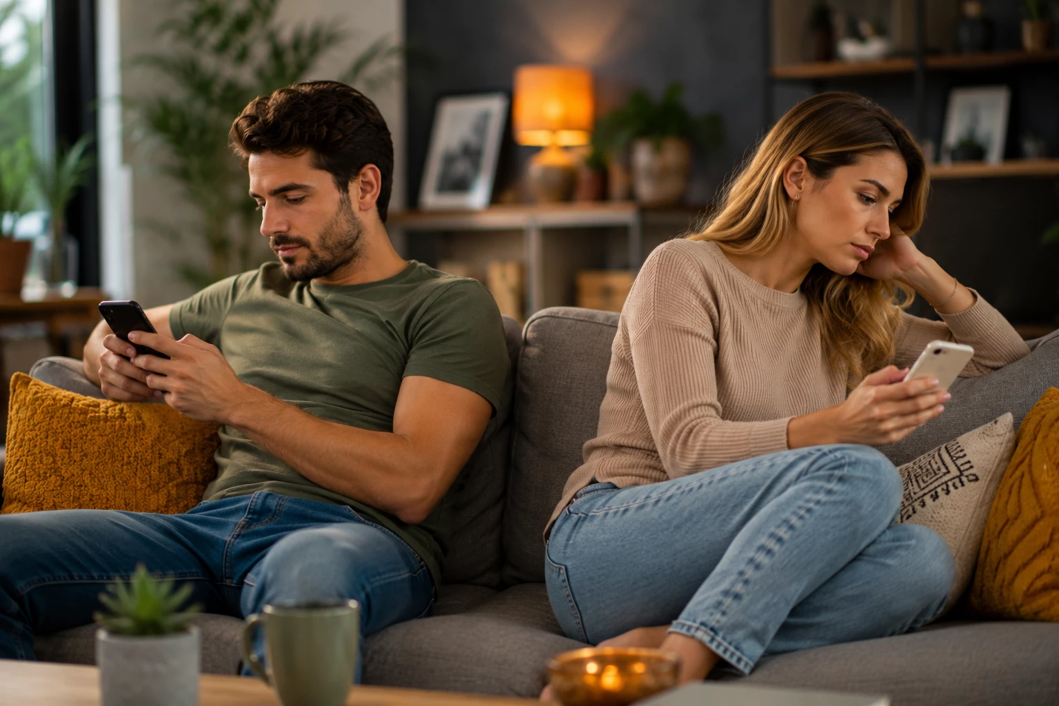 Emotionale Distanz kann sich im Alltag schleichend entwickeln – fehlende Gespräche und ständiger Blick aufs Smartphone sind mögliche Warnsignale. (KI-generiert)