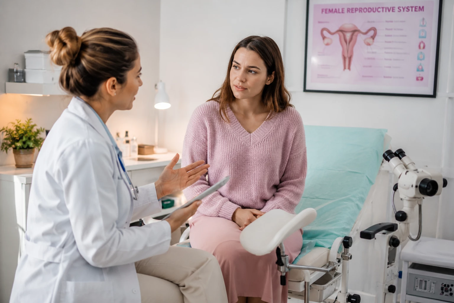 Wiederkehrende Unterleibsbeschwerden, starke Blutungen oder Schmerzen während der Periode sollten offen beim Frauenarzt angesprochen werden. (KI-generiert)