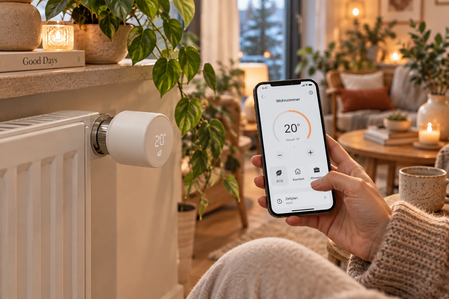 Smarte Heizkörperthermostate bringen Wärme und Komfort zusammen: Die gewünschte Raumtemperatur lässt sich automatisch an den persönlichen Alltag anpassen. (KI-generiert)