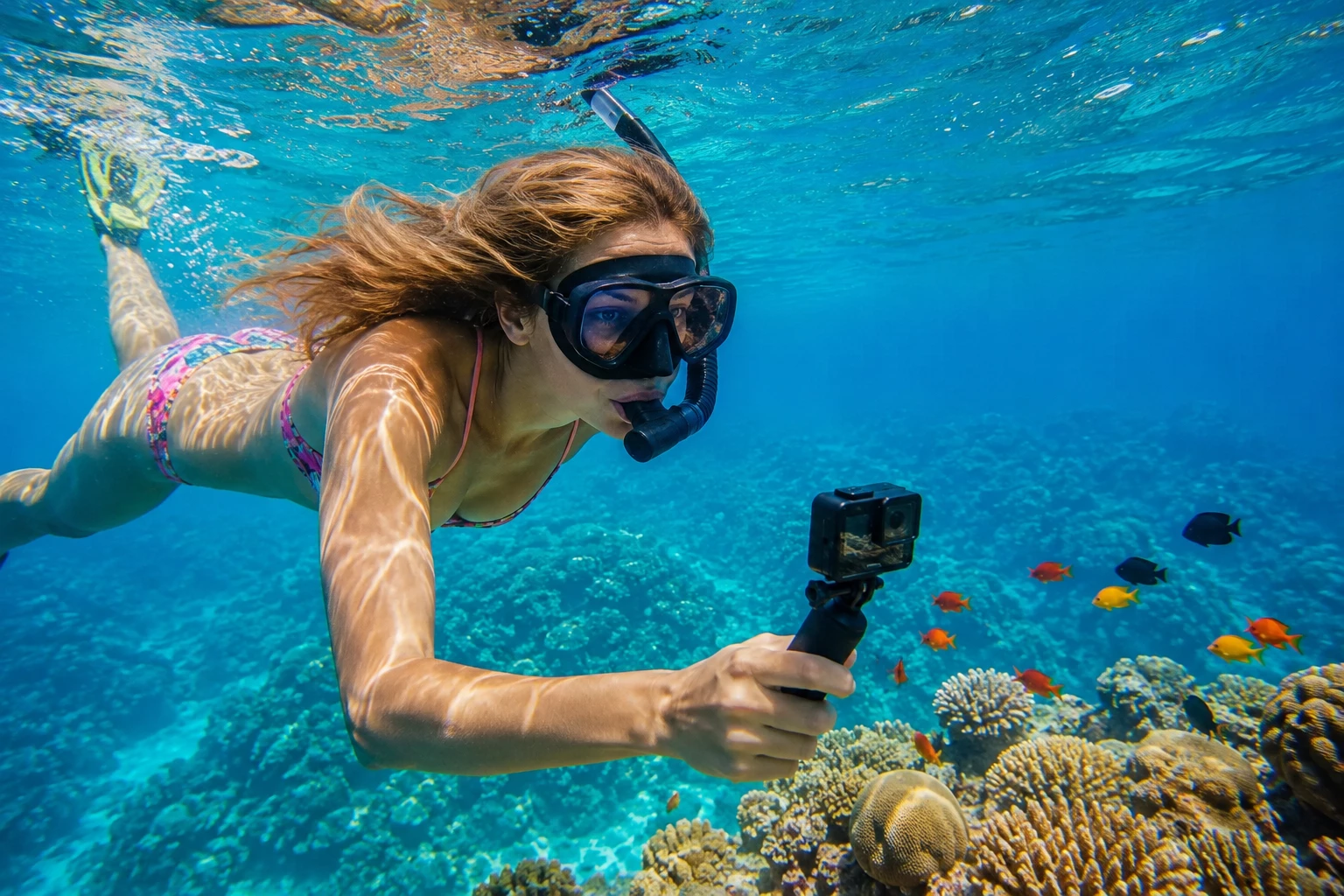 Beim Schnorcheln filmt eine Urlauberin farbenfrohe Korallen und tropische Fische – hochwertige Action-Cams eignen sich perfekt für Unterwasseraufnahmen. (KI-generiert)