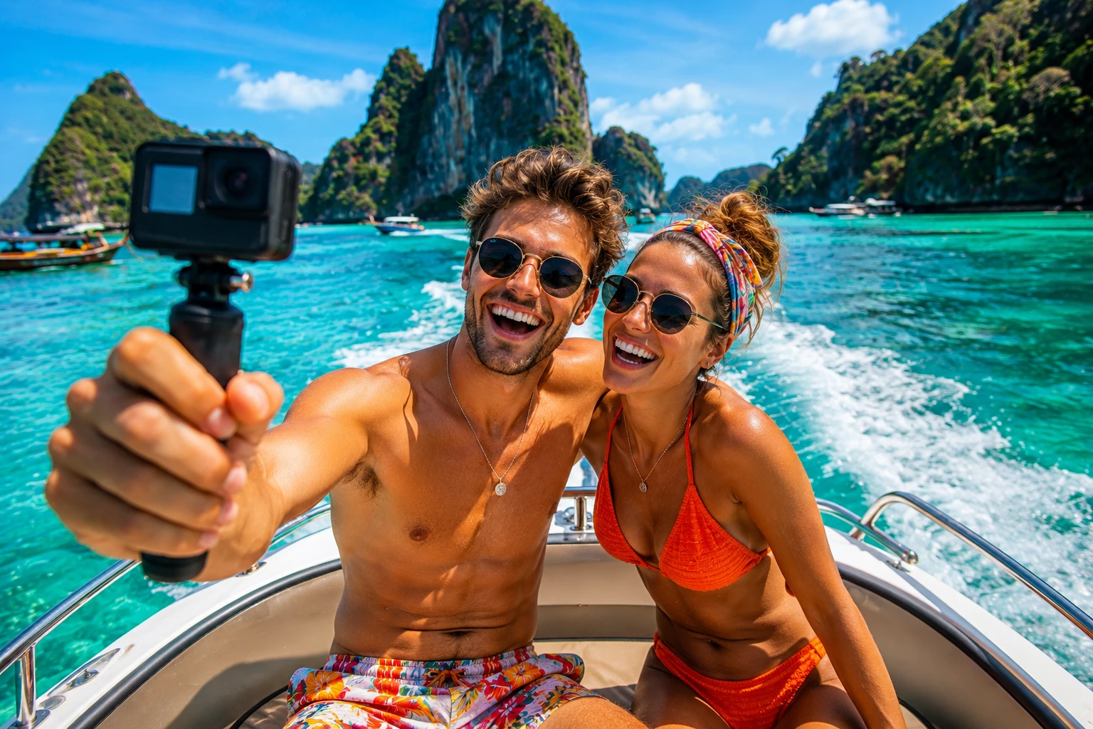 Ein Paar dokumentiert seine Bootstour mit einer Action-Cam und hält unvergessliche Urlaubserinnerungen aus einer besonderen Perspektive fest. (KI-generiert)