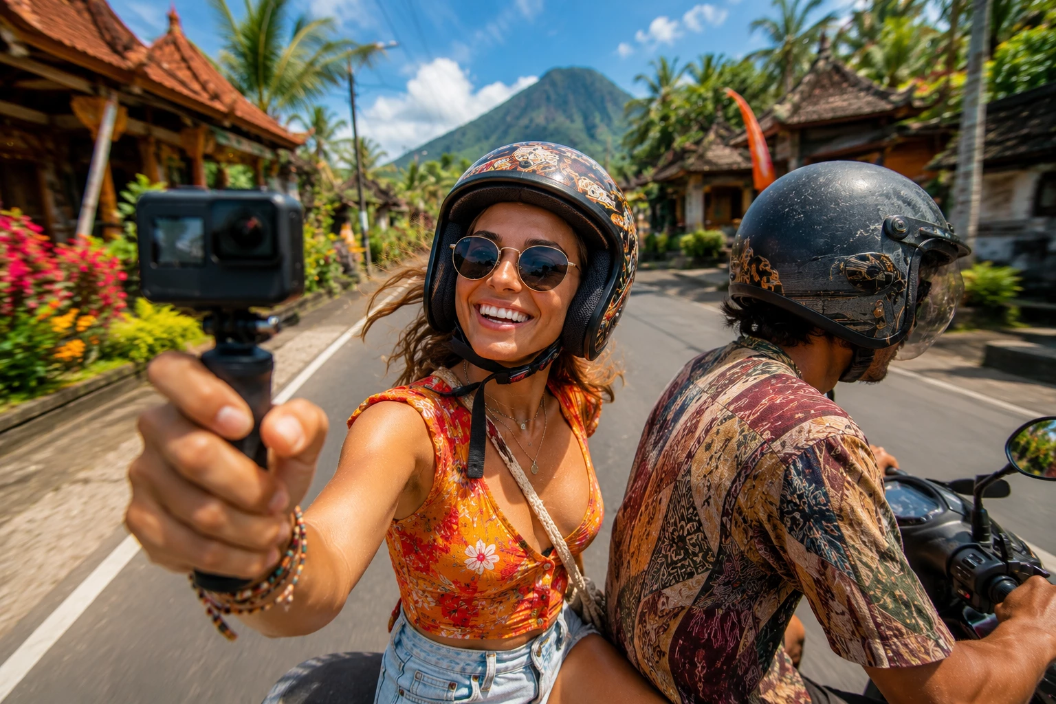 Als Beifahrerin auf einem Roller hält eine Urlauberin mit einer Action-Cam die schönsten Momente ihrer Asienreise aus einer einzigartigen Perspektive fest. (KI-generiert)