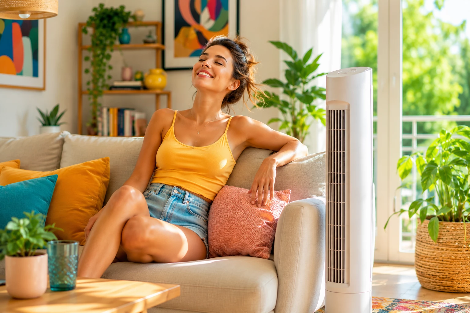 Ob Wohnzimmer oder Dachgeschosswohnung – moderne Ventilatoren bringen frischen Wind in den Sommeralltag. (KI-generiert)