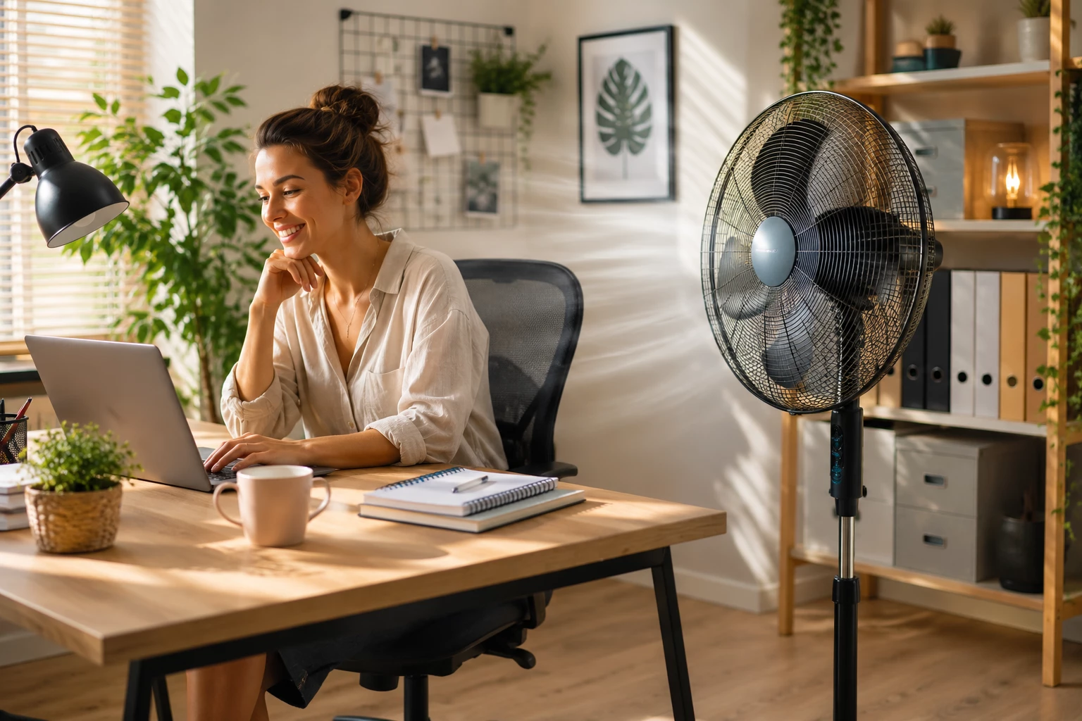 Cool bleiben trotz Hitzewelle: Mit dem richtigen Ventilator fällt konzentriertes Arbeiten oft deutlich leichter. (KI-generiert)