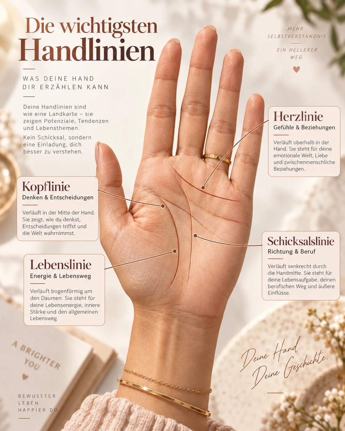 Die wichtigsten Handlinien: Herzlinie, Kopflinie, Lebenslinie und Schicksalslinie zählen zu den bekanntesten Handlinien – traditionell werden sie mit Liebe, Denken, Energie und Lebensweg in Verbindung gebracht. (KI-generiert)