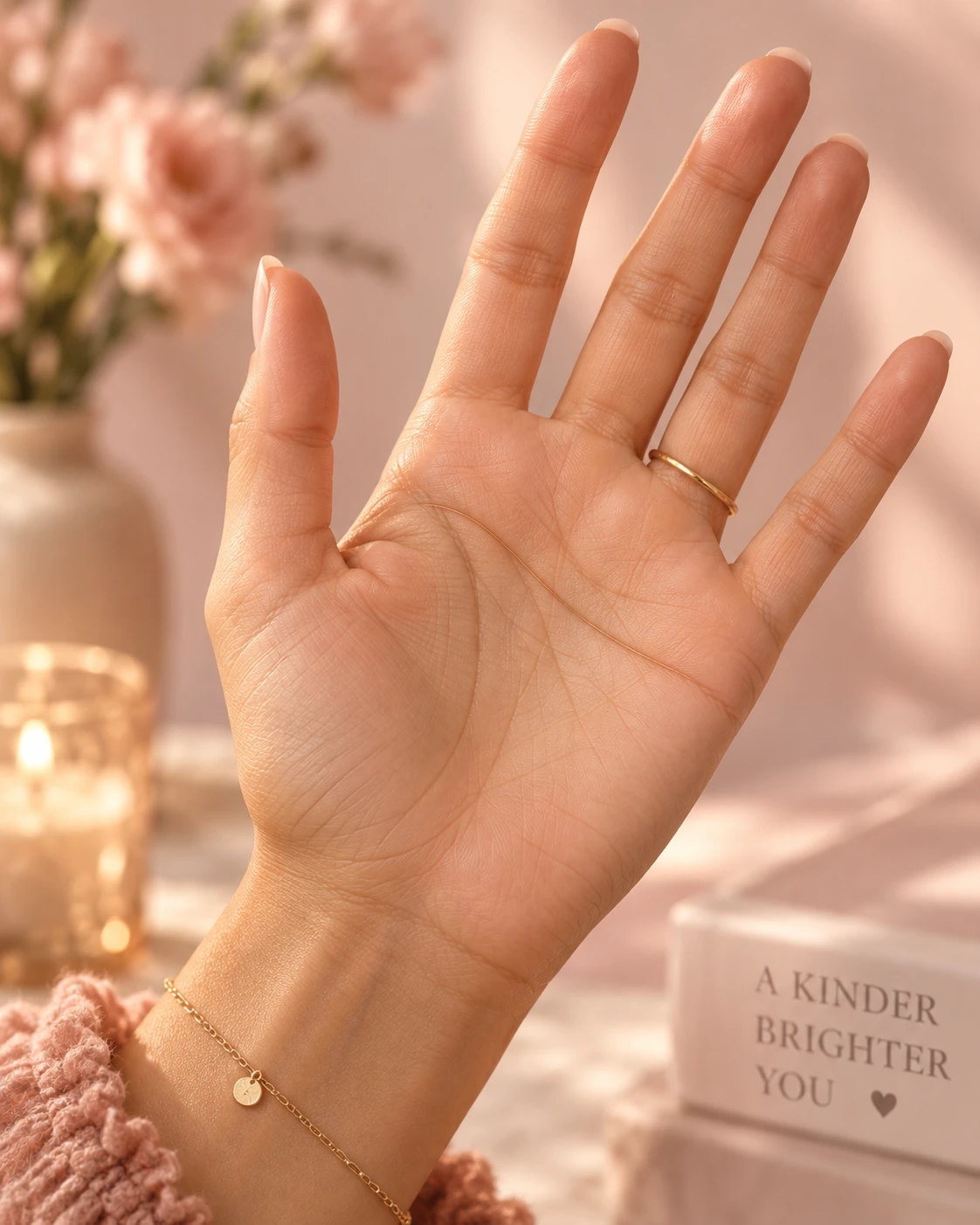 Die Herzlinie verläuft im oberen Bereich der Handfläche und steht in der klassischen Handlesekunst symbolisch für Gefühle, Beziehungen und emotionale Nähe. (KI-generiert)