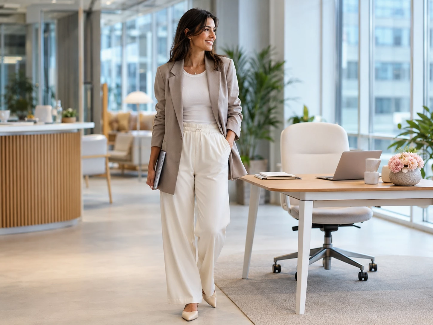 Eine lässige Hose, ein weicher Blazer, dazu Pumps oder Sneaker, schon ist er fertig der Daily-Office-Look  (Bild KI generiert)