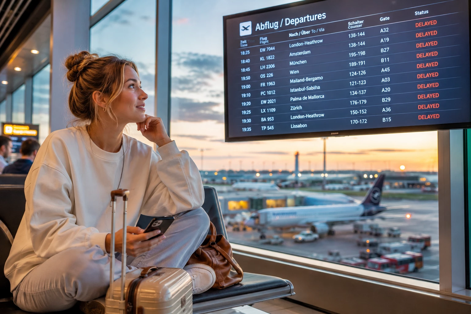 Warten statt Abheben: Bei größeren Flugverspätungen können Reisende Anspruch auf Betreuung und unter bestimmten Voraussetzungen auch auf eine Ausgleichszahlung haben. (KI-generiert)